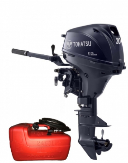 20HP Tohatsu Short Shaft EFi Manual Start Tiller Control 4-Stroke Outboard Motor with 12L Fuel Tank & Line image